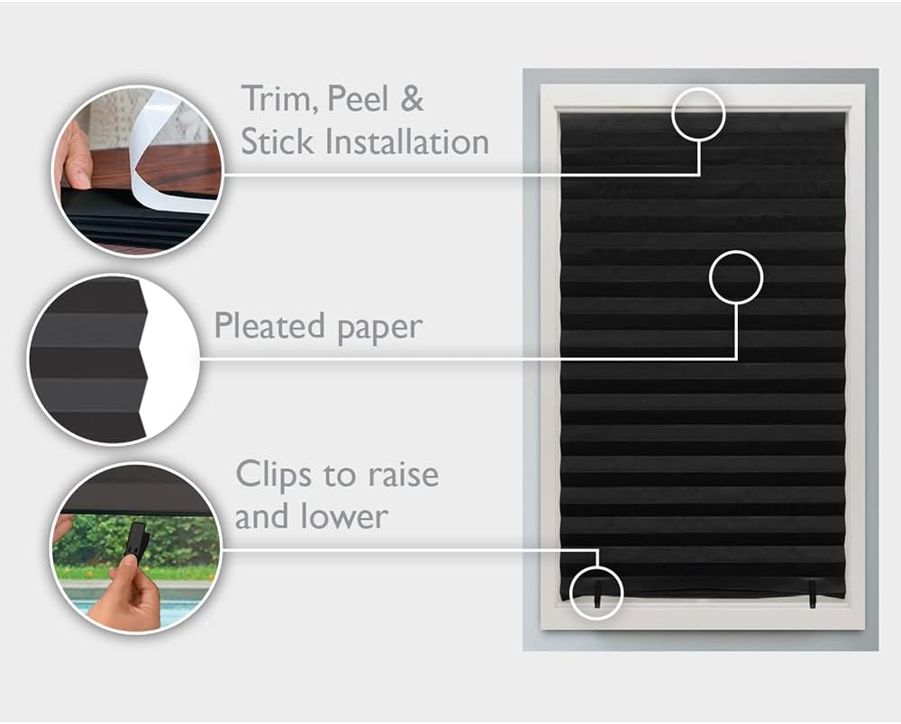Redi Shade No Tools Original Blackout Pleated Paper Shade Black, 36" W x...