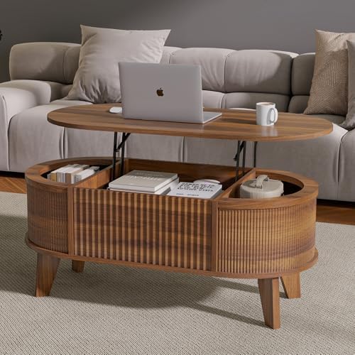 LYNCOHOME Fluted Lift Top Coffee Table with Storage,Modern Oval Coffee Table ...