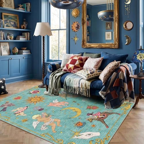 Kokia 4x6 Celestial Sun Moon Unique Fresh Turquoise Soft Washable Area Rug