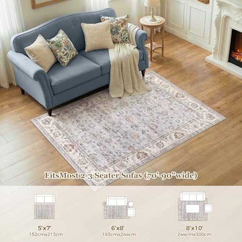 WITSHOCK Washable Area Rug 10x14 Non-Slip Floral Carpet, Gray/Light Blue