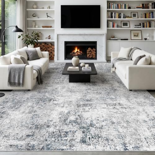 10x14 Washable Area Rug: Large Modern Abstract Living Room Rugs BlueGray