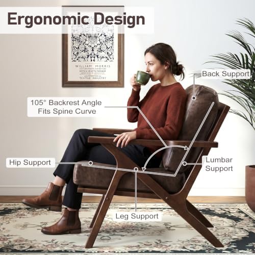 ANJ Faux Leather Accent Chair with Overstuffed Cushion, Mid-Century Modern Ar...