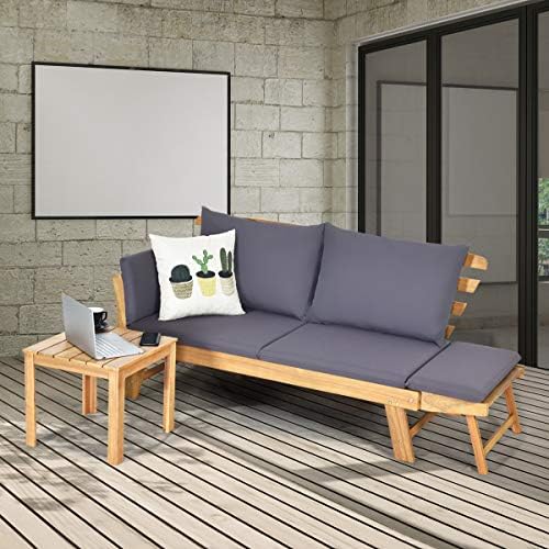 Tangkula Convertible Acacia Wood Patio Sofa Bed with Adjustable Armrest