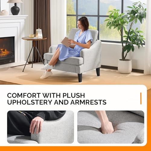 VINGLI Linen Fabric Accent Chairs Set of 2, Grey Modern Upholstered Armchair,...