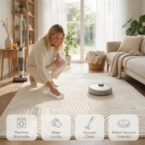 Beige Geometric 9x12 Solid Area Rug, Washable Living Room Rug