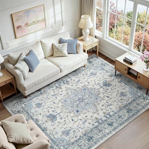 RELEANY Washable Area Rug, 5'x7', Blue/White/Gray
