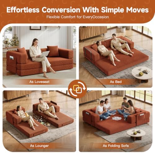 79.5" 5-in-1 Convertible Futon Sofa Bed, Boneless Corduroy, Orange
