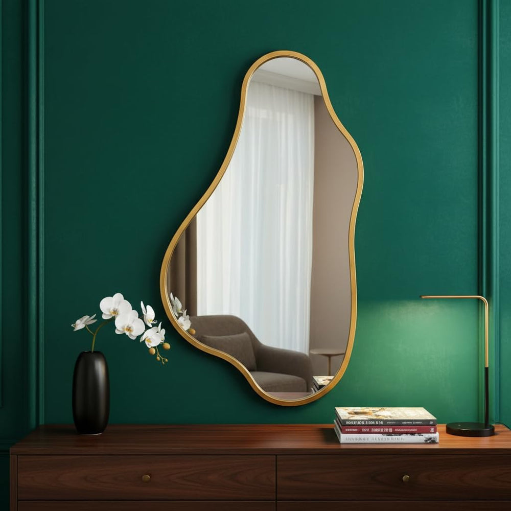 32x18 Inch Irregular Wall Mirror, Vertical Wavy Design, Gold Asymmetrical Met...