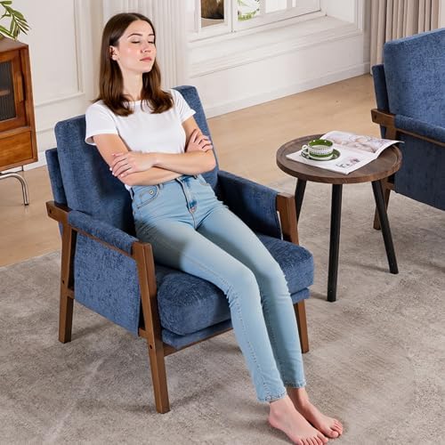 Mid Century Modern Accent Chair with Wood Frame, Upholstered Living Room Chai...