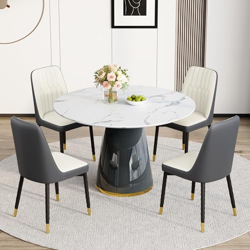 Round Dining Table Set for 4, 45''Marble Grain Dining Room Table Set ...