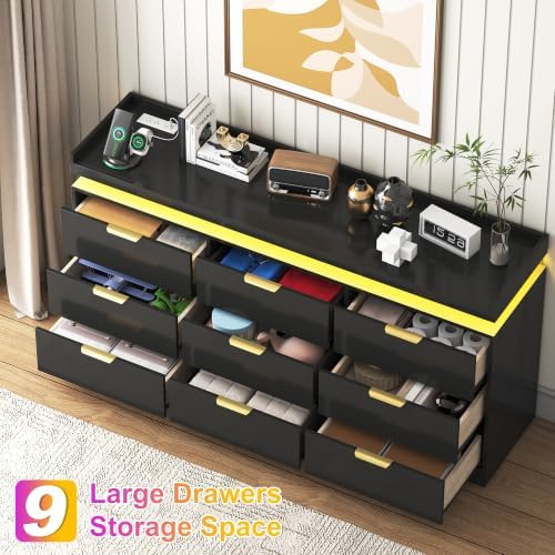 9 Drawer Dresser for Bedroom, Black Dresser with LED Lights and Power Outlet,...