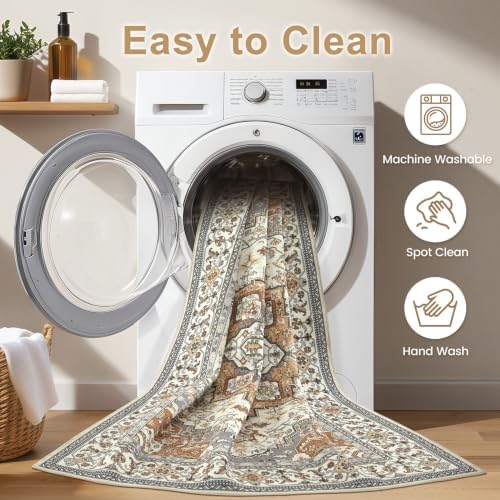 EIEIHOUSE 9x12 Area Rug Washable Vintage Rugs for Living Room Caramel Gray