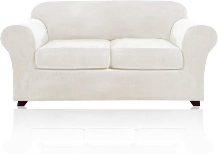 Velvet Couch Cover Loveseat Covers for 2 Cushion Couch 3 Piece Sofa Covers for Dogs Washable Loveseat Covers Width Up to 72 Inch No Slip Stretch Sofa Slipcover(Medium, Porcelain)