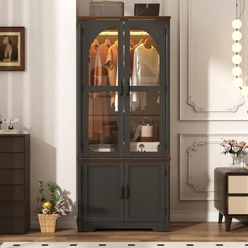 Tall Farmhouse 2 Doors Armoire Wardrobe Closet with LED ,72" Freestandin...