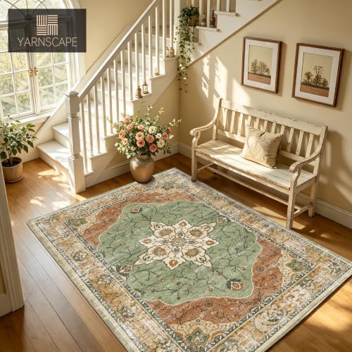 YARNSCAPE 5' x 7' Machine Washable Area Rug, Non-Slip Low-Pile Carpet