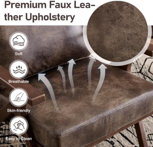 ANJ Faux Leather Accent Chair with Overstuffed Cushion, Mid-Century Modern Ar...