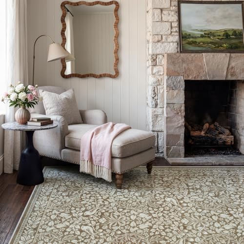 LIVEBOX 8x10 Neutral Area Rugs for Living Room, Vintage Floral Non-Slip Washa...