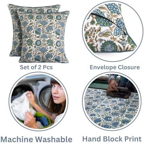 Ridhi Block Print Asparagus Green Pillow Cover 20" x 20" (Pack of 2...