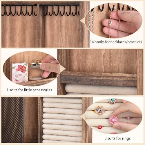 Keebofly Wall Mounted Jewelry Organizer Box Rustic Wood Large Space Jewelry C...