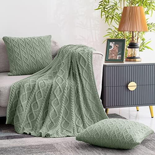 Homiest Sage Green Cable Knit Throw Blanket Set of 3, with 2 Pillow Covers