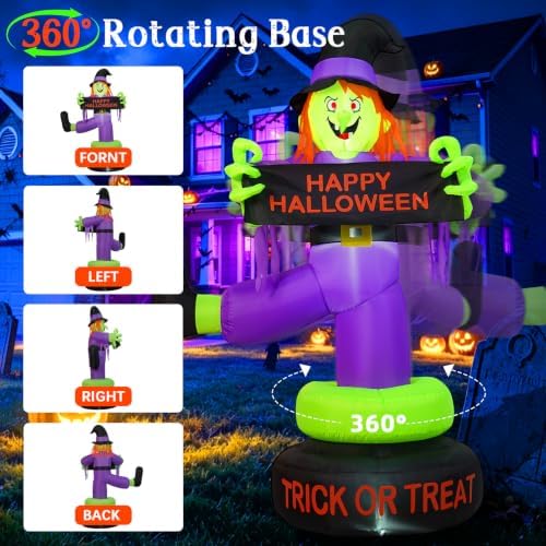 6FT Rotating Halloween Inflatables Outdoor Witch, 360° Swivel Base Lighted wi...