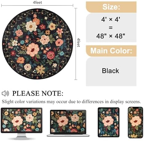 DUKINO 4ft Round Rug, Floral Washable Small Round Area Rug Non Slip, Black