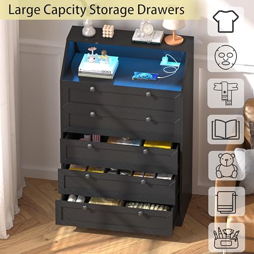 Black Dresser Tall 5 Drawer Dresser for Bedroom, Wood Chest of Drawers with L...
