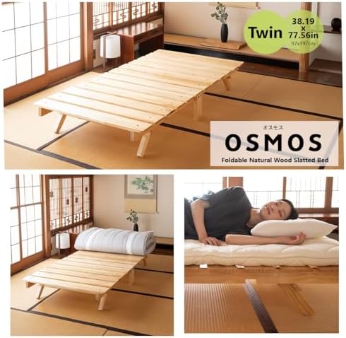 EMOOR Foldable Wood Slatted Floor Bed Frame OSMOS Twin Solid Pine (Earth-Natu...