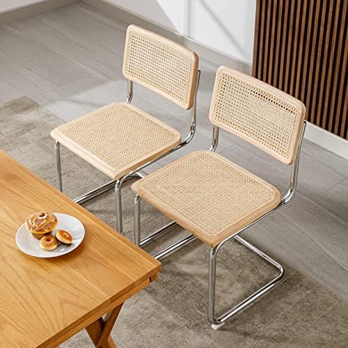 Rattan Cantilever Dining Chairs Set of 2, Boho Modern Dining Chairs with Ratt...