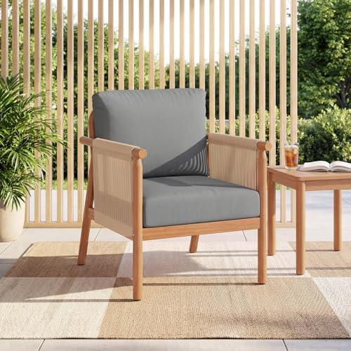 Tangkula Acacia Wood Patio Club Chair Set of 2, Boho Accent Chair with Woven ...