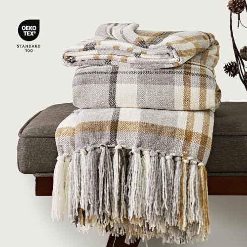 EverGrace Plaid Chenille Knit Throw Blanket, 50"x60", Grey & Beige