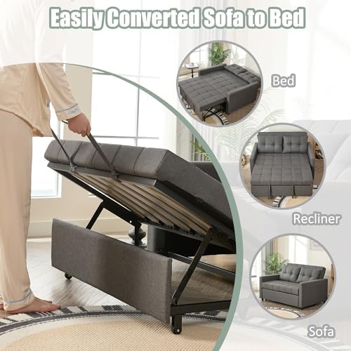 GOSUHI 52" 3-in-1 Convertible Sleeper Sofa Bed, Linen, Dark Gray