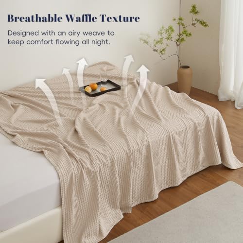 PHF Lightweight Waffle Weave Blanket King for Bed Light Tan 104"x90"