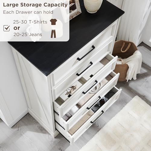 ACCOHOHO Farmhouse 5 Drawers Dresser Chests for Bedroom, Antique White