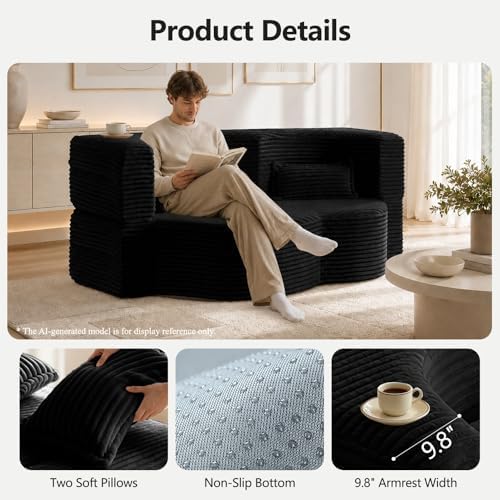 78" Futon Sofa Bed, Full Size Boneless Corduroy Couch Bed (Black)