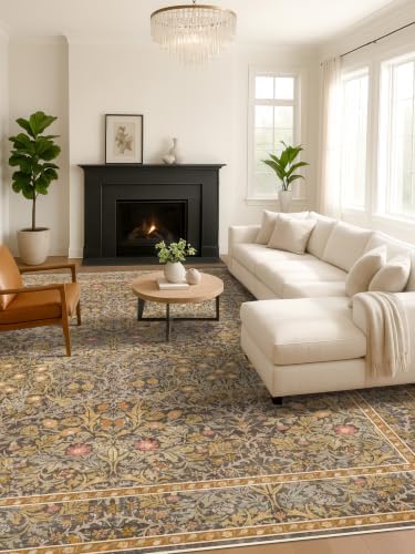 Vintage Floral Living Room Rug 8x10, Gold Brown Washable Area Rugs for Bedroo...