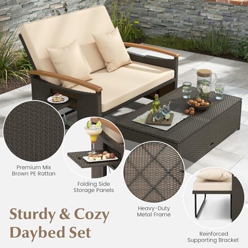 LDAILY Moccha Outdoor Wicker Daybed, Patio Rattan Loveseat Sofa w/ 4-Level Ad...