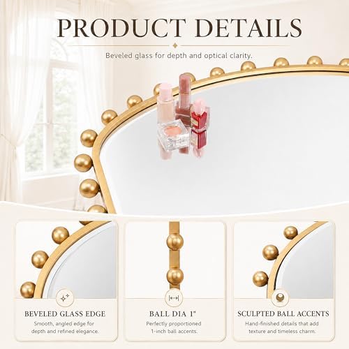 36"x28" Wide Arch Wall Mirror, Antique Gold Ball Frame for Mantel