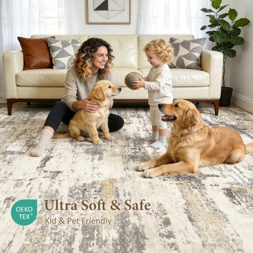 5x7 Area Rugs Living Room Abstract Washable Rug, Gold Brown