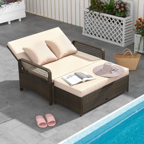LDAILY Moccha Outdoor Daybed, PE Rattan Double Chaise Lounge w/ 4-Level Adjus...