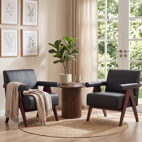 JIASTING Mid Century Modern Accent Chair Set of 2, Black Leather Armchair