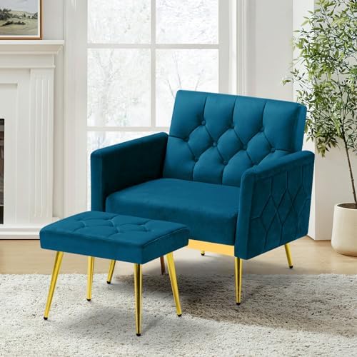 Velvet Accent Chair w/Ottoman & Adjustable Backrests, Teal