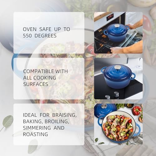3 Quart Dutch Oven Enameled Cast Iron with Lid - Big Dual Handles - Oven Safe...
