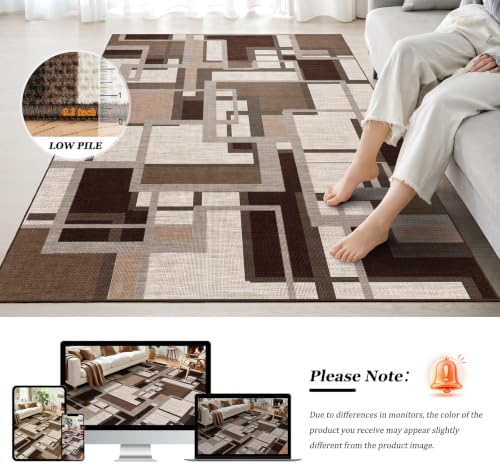 Modern Geometric Area Rug for Living Room, Coffee Brown Washable Rugs 5x7
