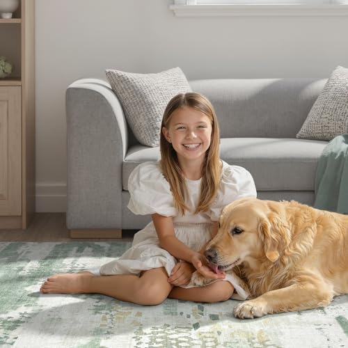 DCX 5x7 Area Rug Living Room: Washable Abstract Indoor Carpet Sage Green
