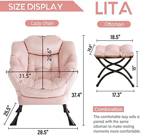 LITA Lazy Chair with Ottoman, Comfy Accent Reading Chair, Velvet Pink