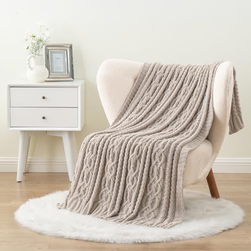 Battilo Light Grey Throw Blanket for Couch, Woven Chenille Knit Throw Blanket...
