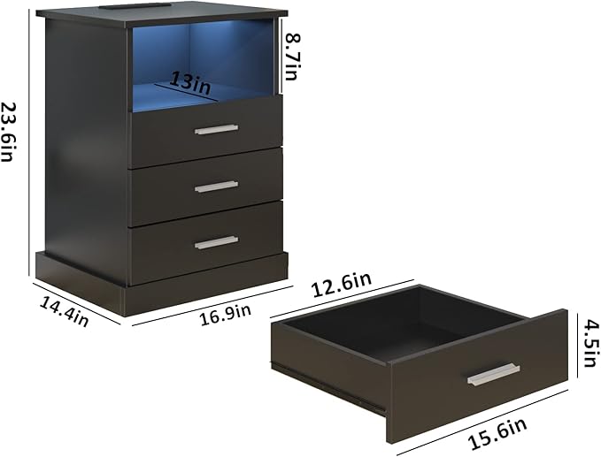 Black LED Nightstand with Charging Station, Side Table with 3 Drawers and Lig...