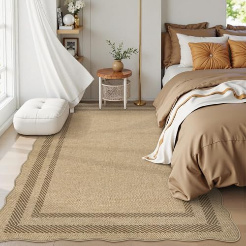 LIVEBOX Scalloped Washable 5x7 Outdoor Rug, Easy Jute Tan Rugs for Living Roo...