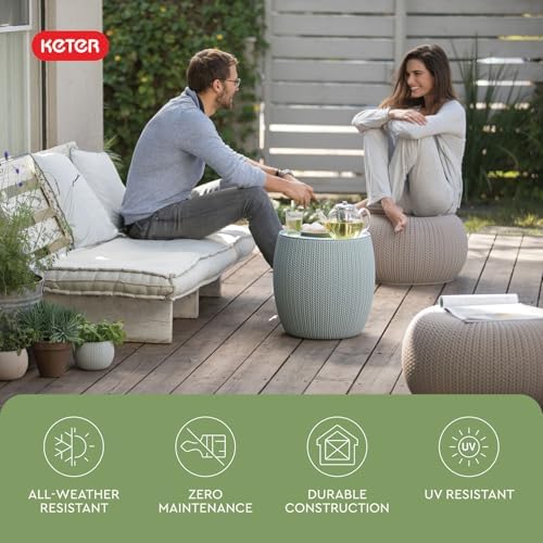Keter Urban Knit Pouf Ottoman Set of 2 with Storage Table for Patio and Room ...